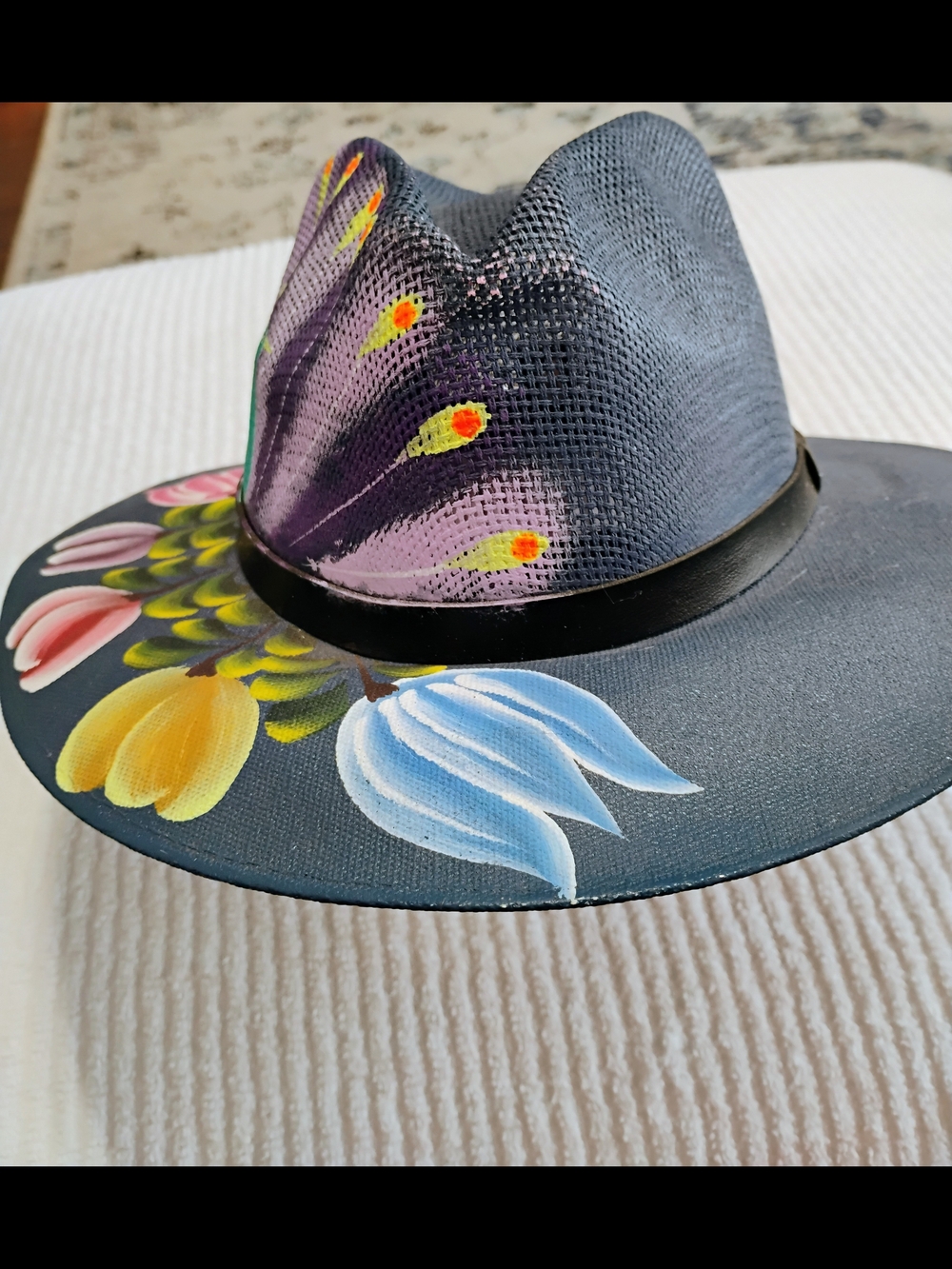 Hand Painted Fedora Hat Floral Art Boho Western Festival Statement Accessory - Picture 12 of 12